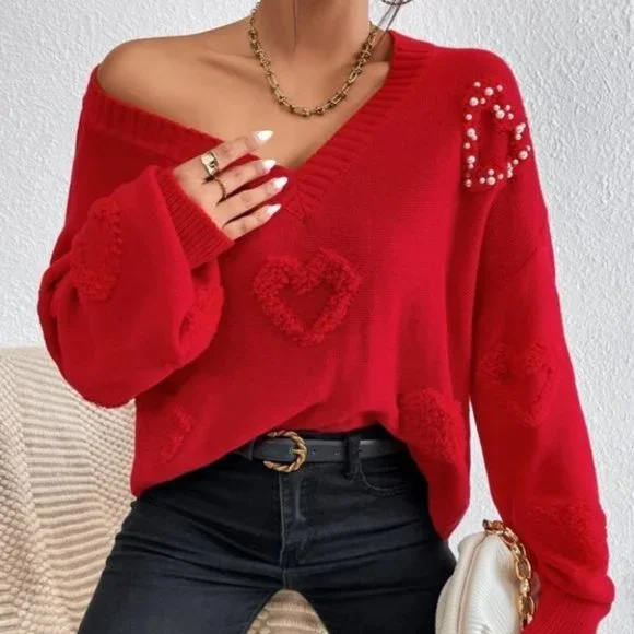 Pearl Heart detailed red knit sweater top - Picture 5 of 6